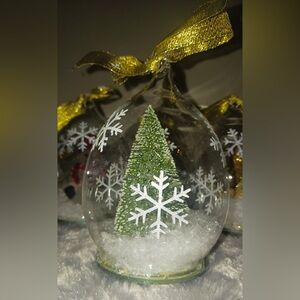 Glass Ornament with Green Tree and Gold Ribbon